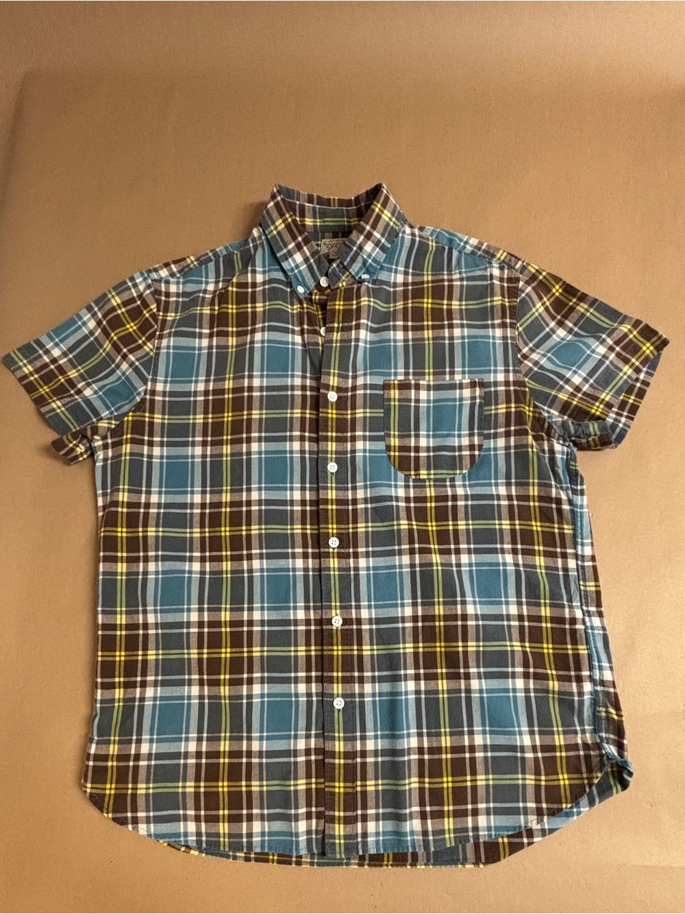 🤎🩵 J. Crew VINTAGE Madras Short-Sleeve Plaid Button-Up Shirt in Blue and Brown